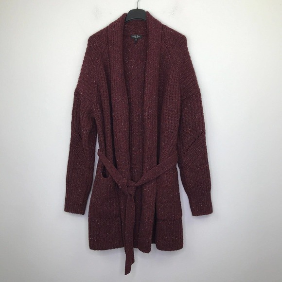 rag & bone Sweaters - Rag & Bone L Sweater Red Wool Blend Belted Chunky Knit Open Cardigan Eco Donegal